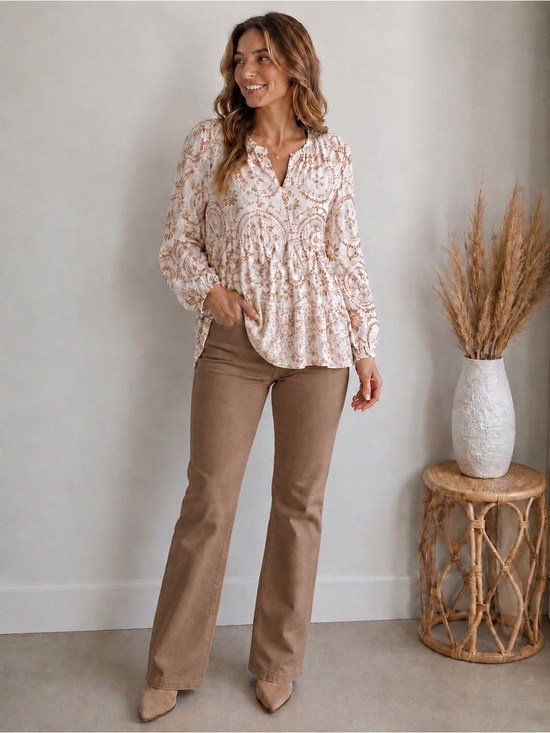 SHEIN Tops - SHEIN Boho Chic Cream Blouse with Tan Floral Medallion Print